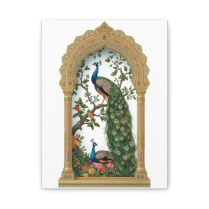 Peacock Arch Canvas Print — Vintage Indian Peacock Artwork on Stretched Matte Canvas